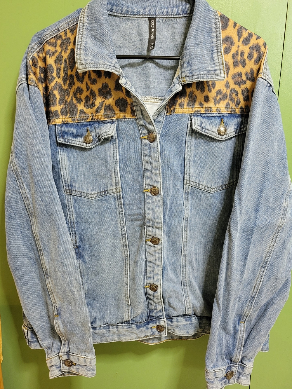 Crazy Train Light Wash Denim Jacket with Leopard Yoke
